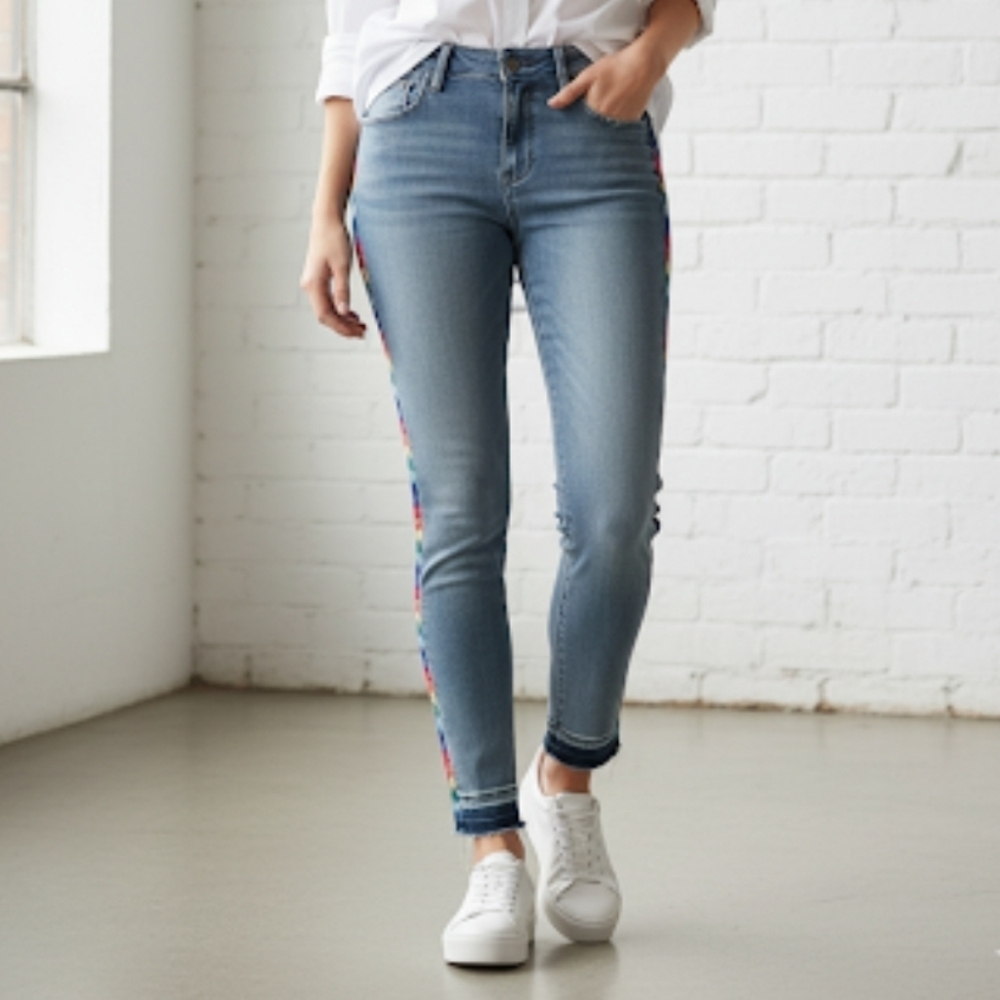 Driftwood for Anthropologie Jackie Rainbow Embroidered Skinny Jeans Size 26